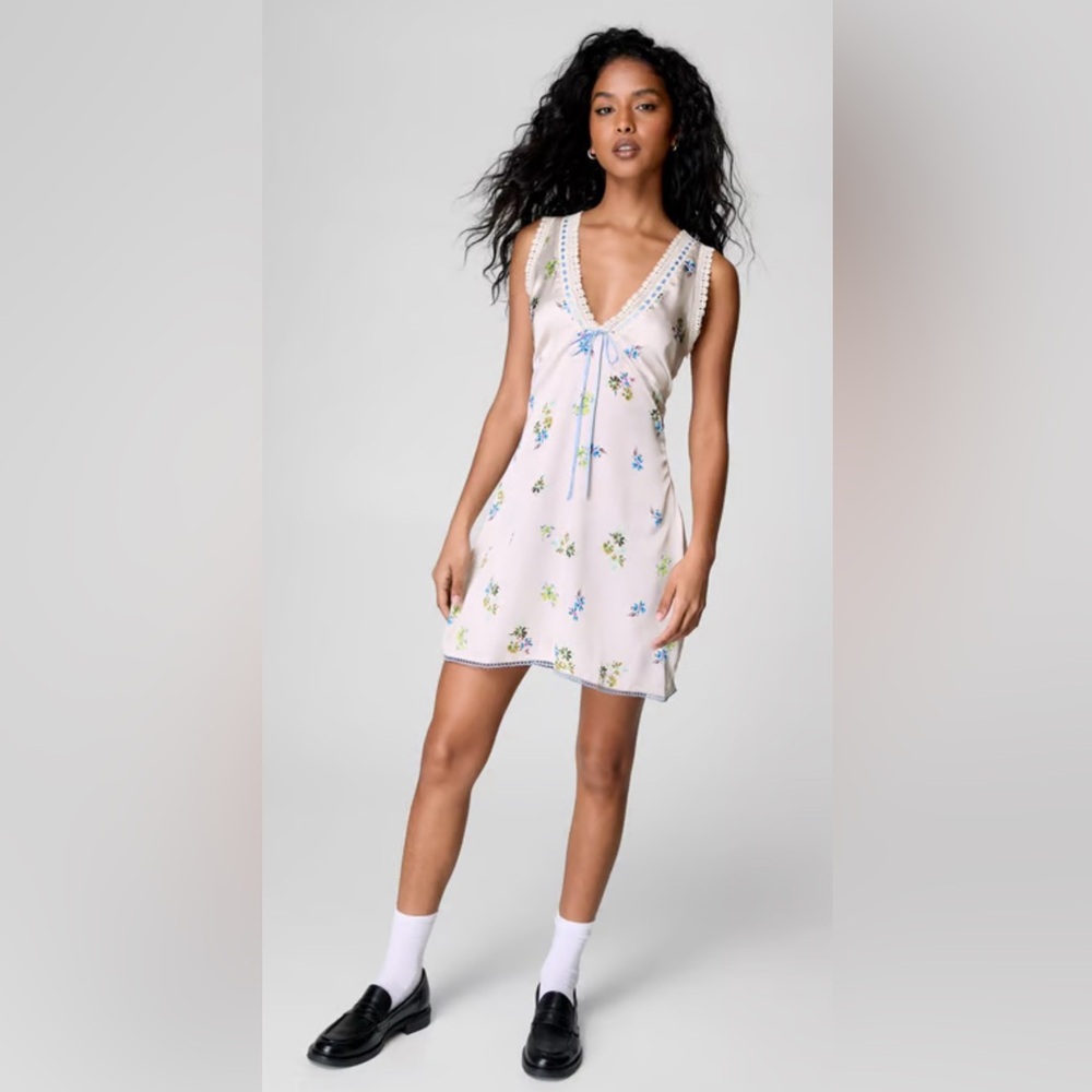 Nasty Gal Satin Ditsy Ribbon Trim Bow Mini Dress US 12